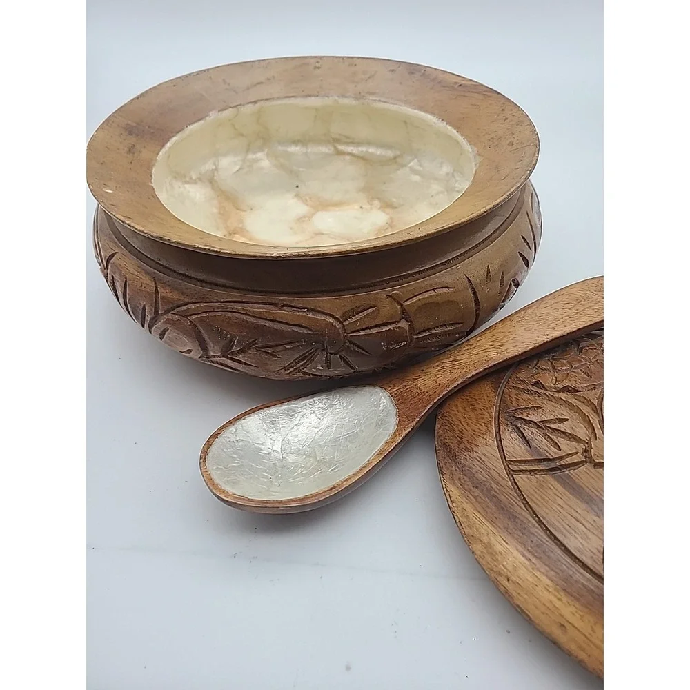 Wooden Serving Bowl Hand Carved- Lid Mother Of Pearl Like Inlay 11